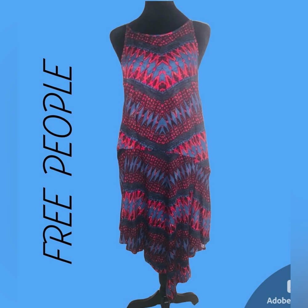 FREE PEOPLE-Red&‎ Blue Boho Strappy Asymmetrical Hem Summer DRESS-NWOT